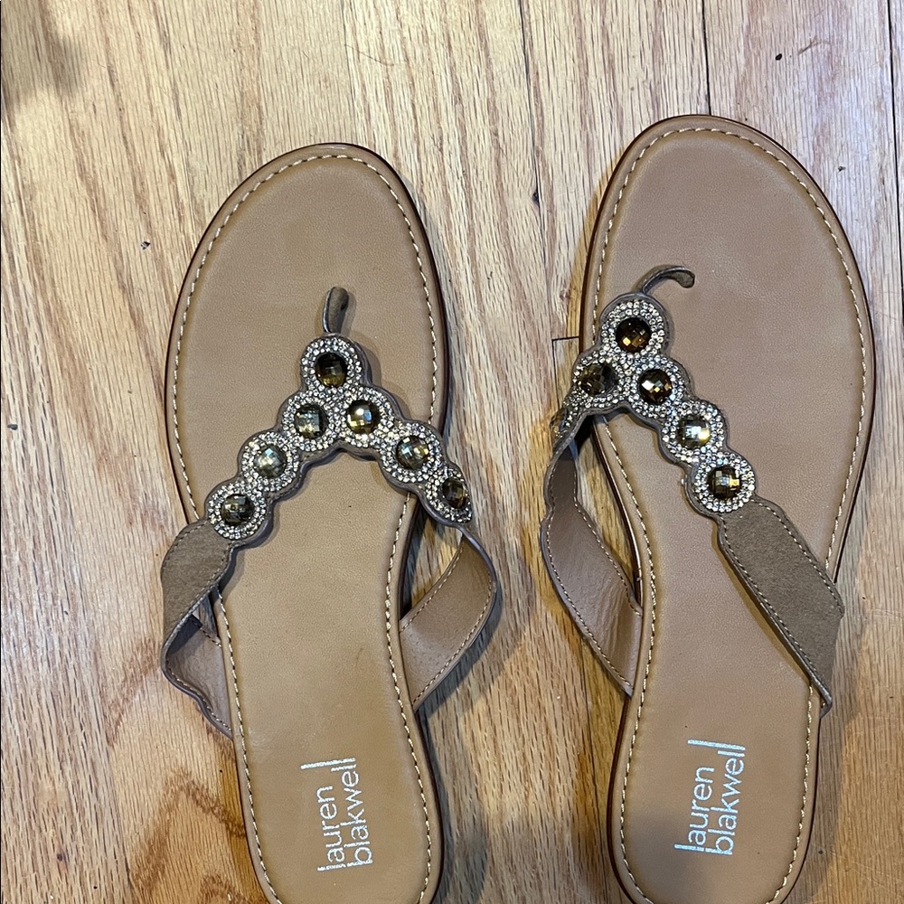 Lauren Blakwell Tan Sandals with Gold Accents